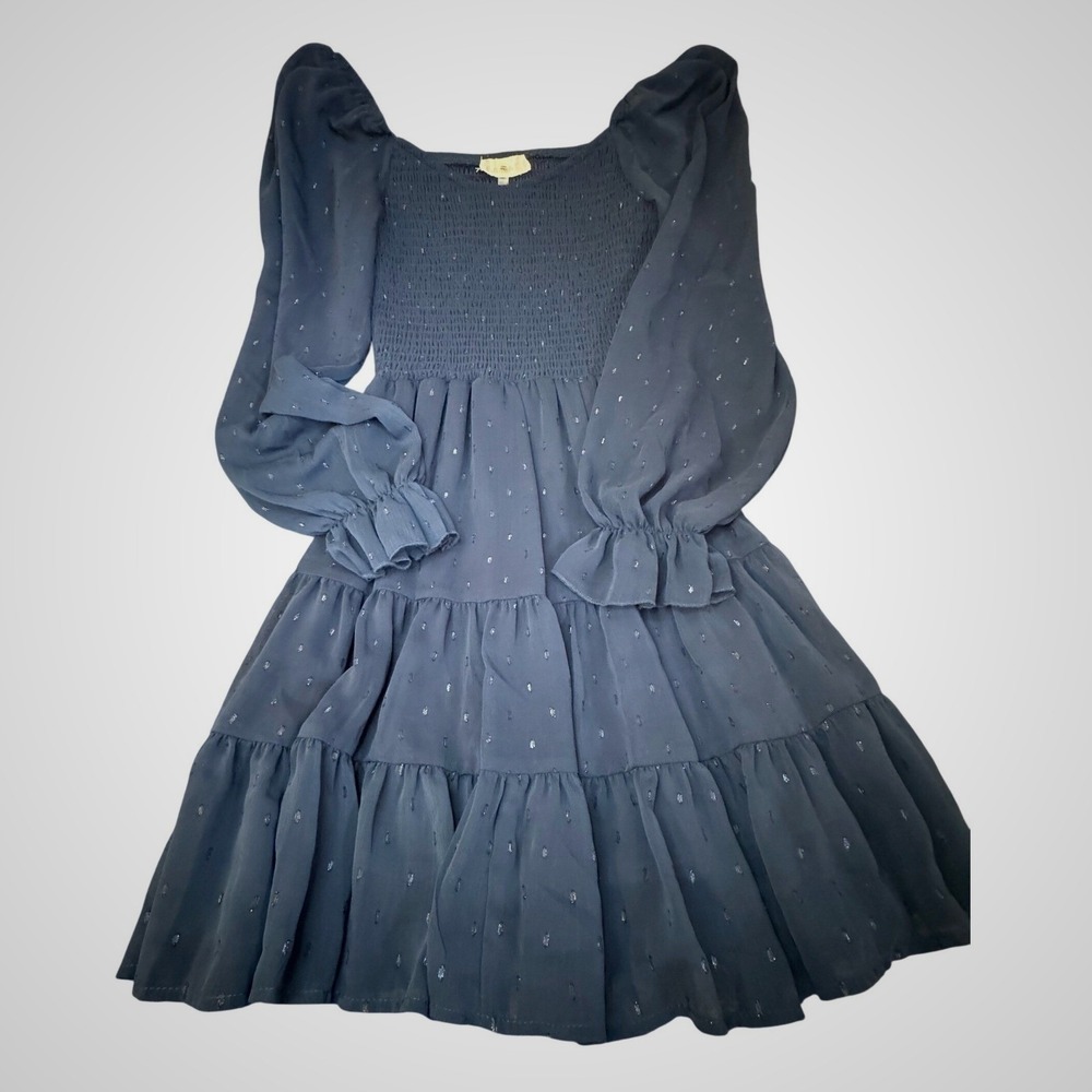 Altar'd State Mini Dress Navy Blue Smocked Puff Sleeve Cottagecore Flowy XS‎